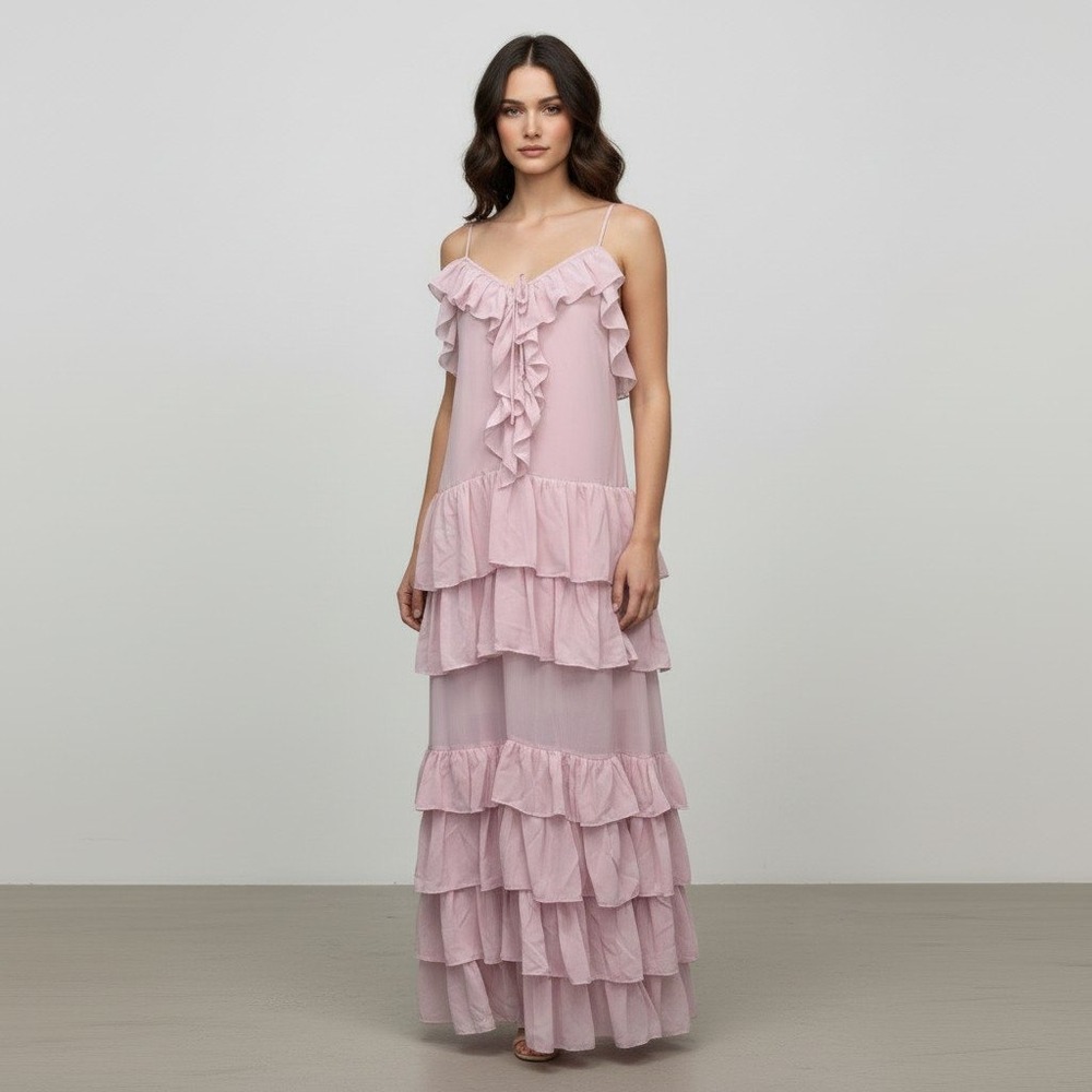 Torn by Ronny Kobo Orcadia Dress Light Pink Tiered Ruffle Maxi Size Medium NWT